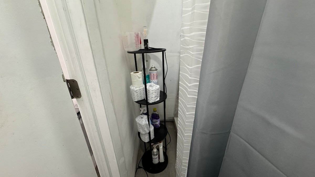 Bathroom shelving with toiletries