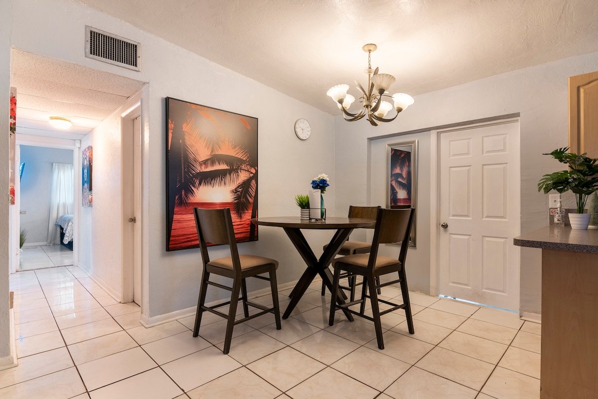 Shared dining area with chandelier
